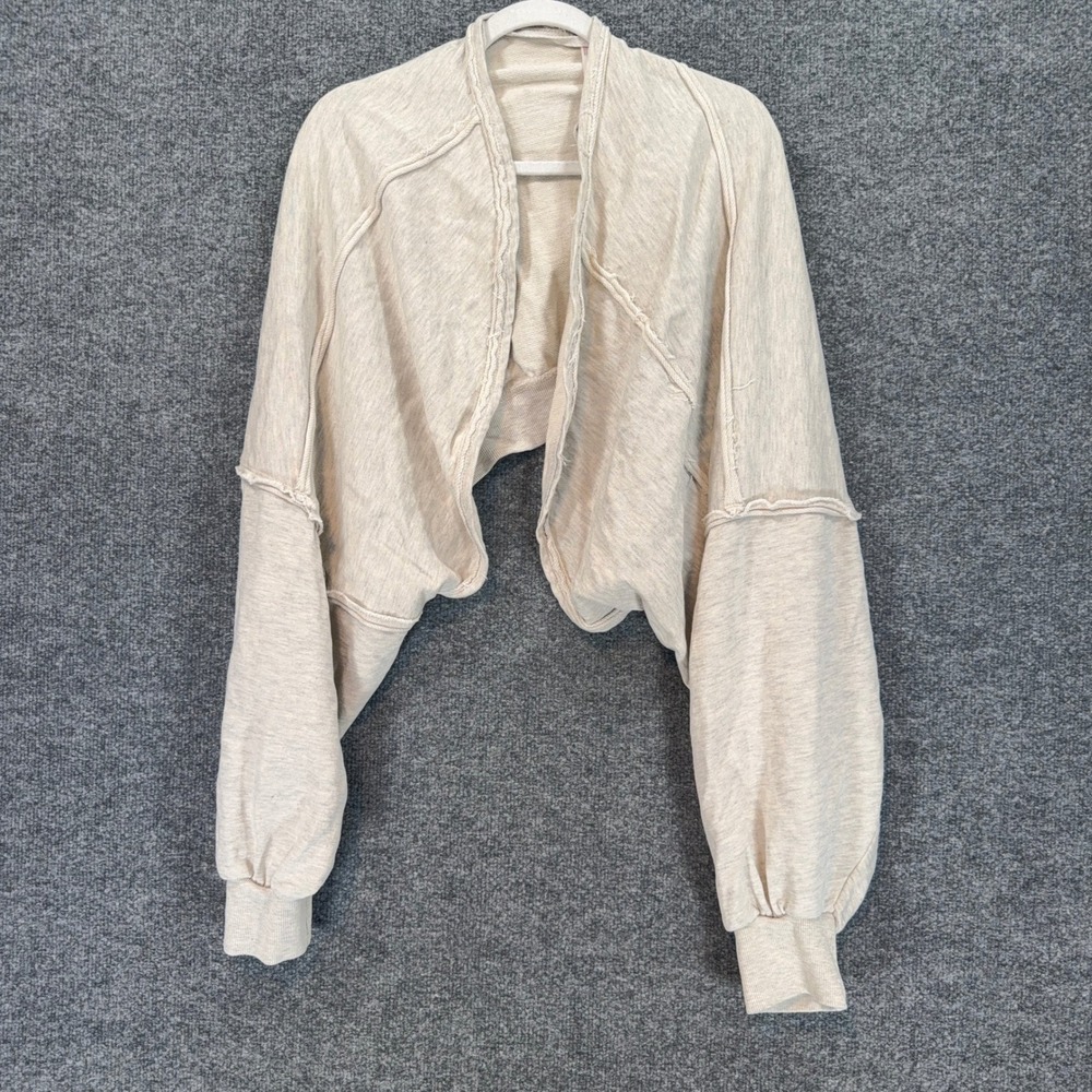 Free People Sweatshirt Shrug Womens Large Beige Raw Edge Cropped Bolero Cardigan